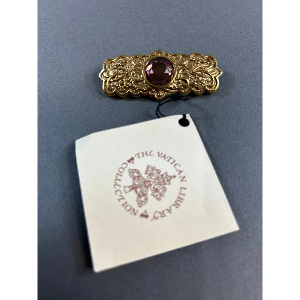Vatican Library Collection Gold Plated Amethyst Glass Brooch Vintage Style Pin